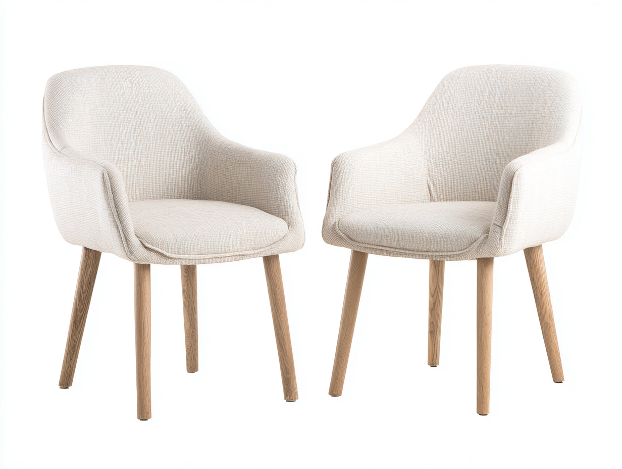 Sillas de comedor tapizadas 58x60x82 cm color beige con reposabrazos y patas de madera diseño moderno