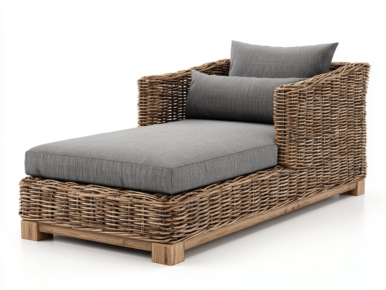Tumbonas de exterior 190x90x82 cm de ratán sintético marrón con superficie acolchada gris y base de madera diseño natural