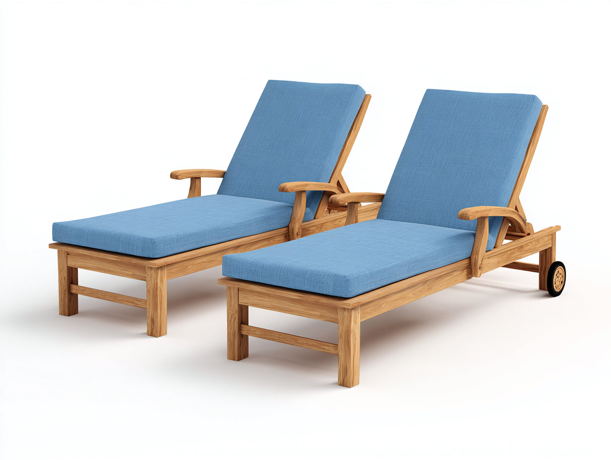 Tumbonas de exterior de madera con superficie acolchada azul 200x72x95 cm conjunto de 2 piezas con respaldo reclinable reposabrazos y ruedas para jardín y terraza