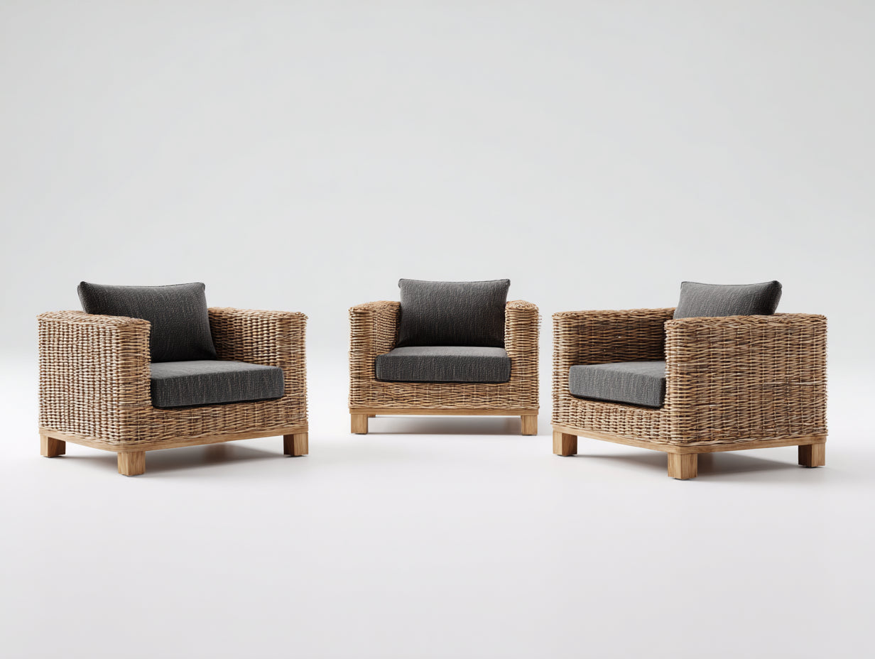 Sofás de exterior individuales de ratán sintético 88x82x74 cm - Marrón natural y gris oscuro - Juego de 3 con base de madera
