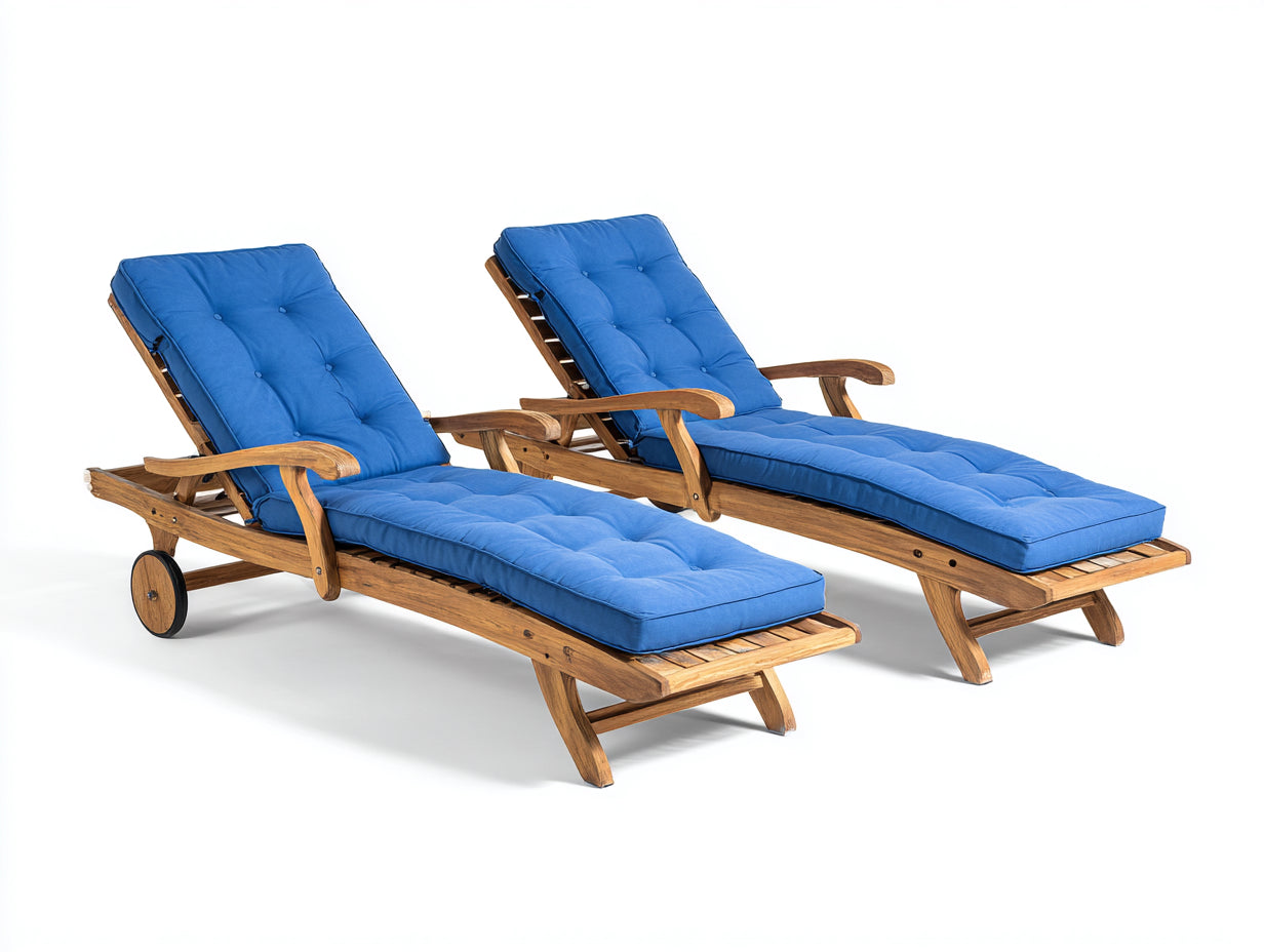 Tumbonas de exterior de madera con superficie acolchada azul 200x72x95 cm conjunto de 2 piezas con respaldo reclinable y ruedas para jardín y terraza