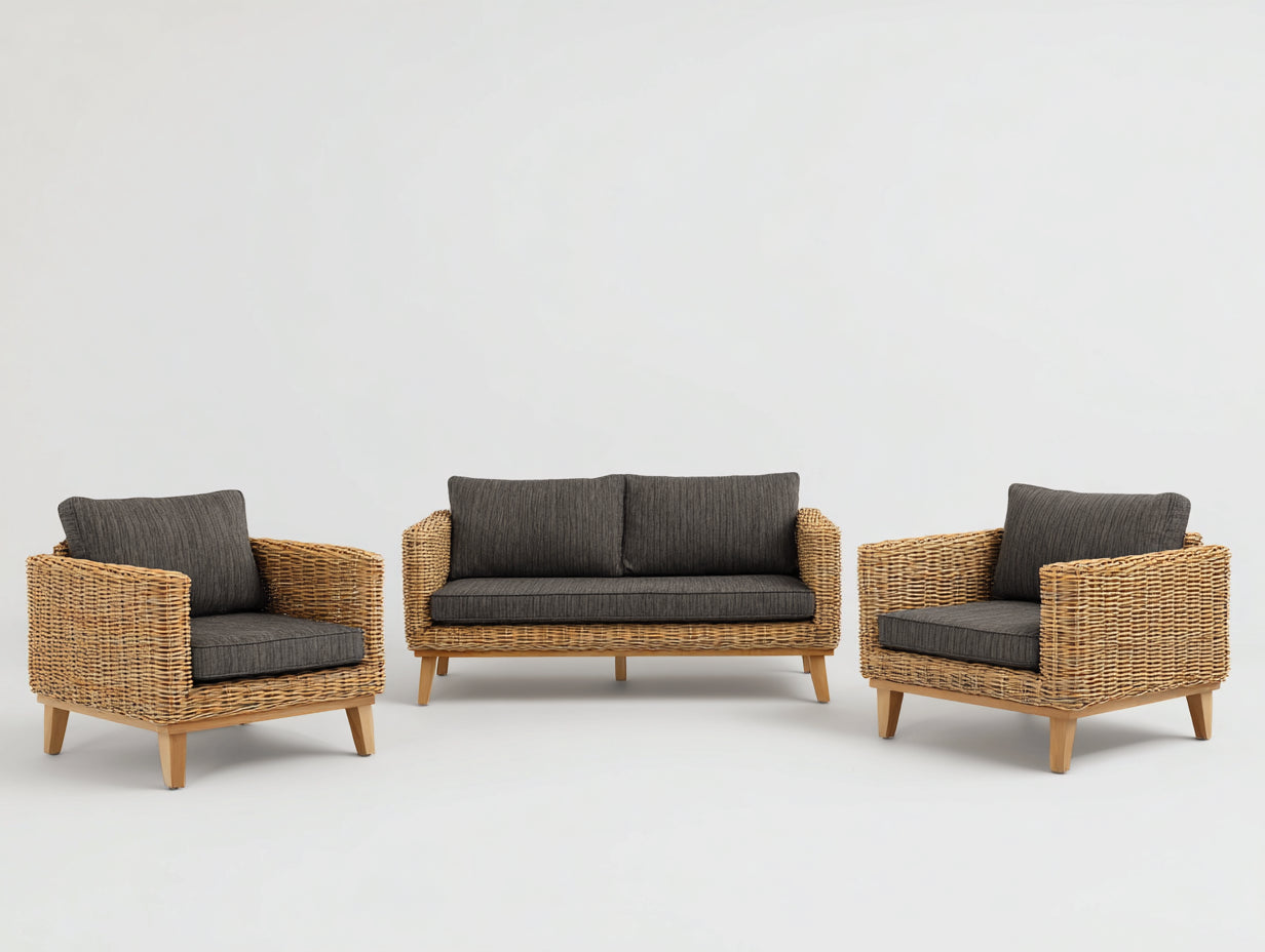 Sofás de exterior de ratán sintético beige conjunto de 3 piezas sofá de 2 plazas 170x82x78 cm diseño moderno para jardín y terraza