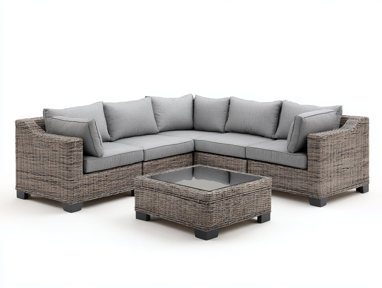 Conjunto de sofás de exterior de ratán sintético 260 x 260 x 74 cm - gris topo y gris claro - sofá esquinero con mesa baja