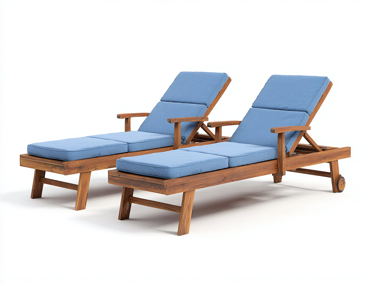 Tumbonas de madera 204 x 74 x 91 cm - Azul claro y marrón natural - Juego de 2 con reposabrazos respaldo ajustable y ruedas