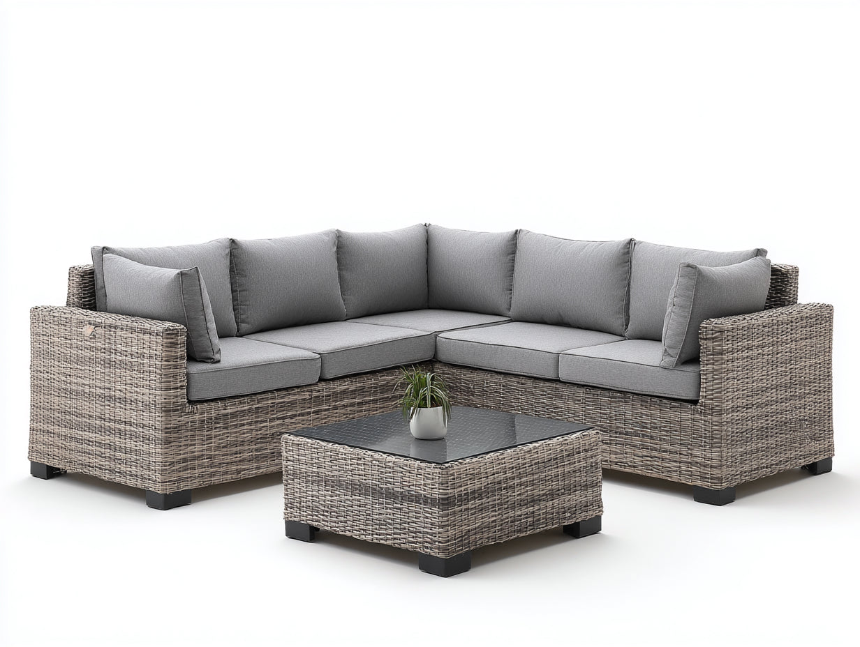 Sofás de exterior de ratán sintético gris con mesa de centro 250x250x76 cm diseño esquinero para jardín y terraza