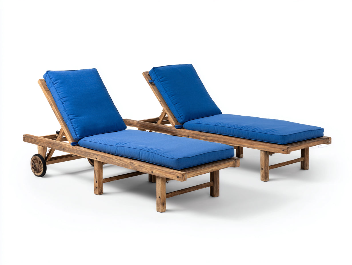 Tumbonas de exterior 200x75x95 cm de madera marrón con tapizado azul respaldo reclinable y ruedas diseño rústico