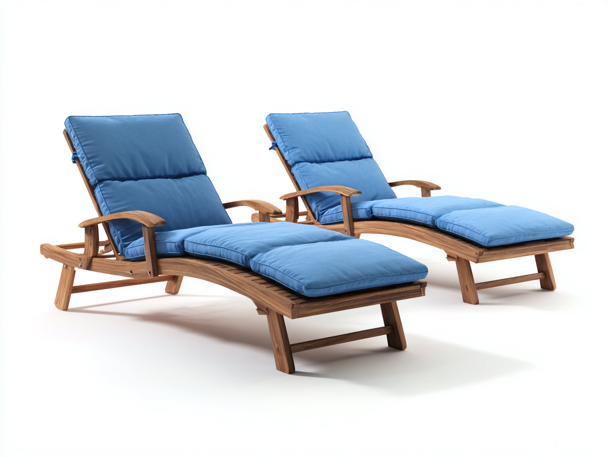Tumbonas de madera 198x72x90 cm - Azul y madera natural - Juego de 2 con respaldo reclinable y reposabrazos