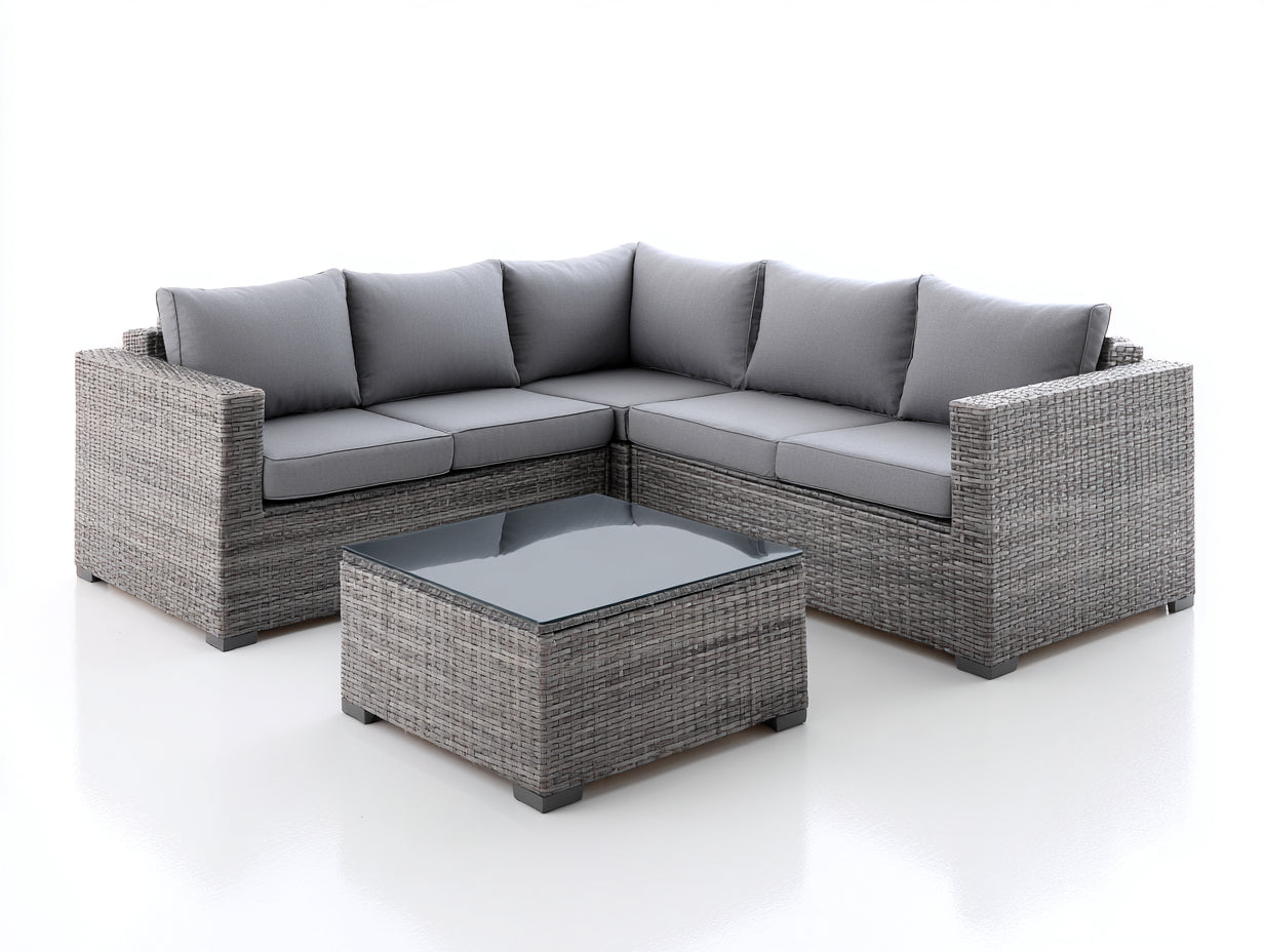 Sofás de exterior de ratán sintético 230x230x74 cm - Gris - Conjunto esquinero con mesa de vidrio
