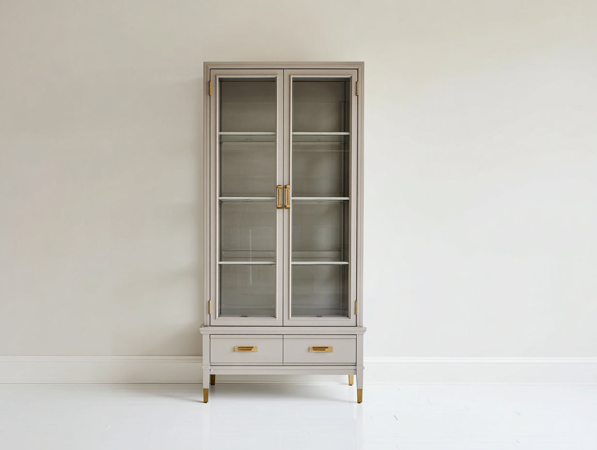Vitrinas de madera manufacturada y vidrio 88 x 40 x 190 cm - Gris topo - 2 puertas y 2 cajones de estilo clásico