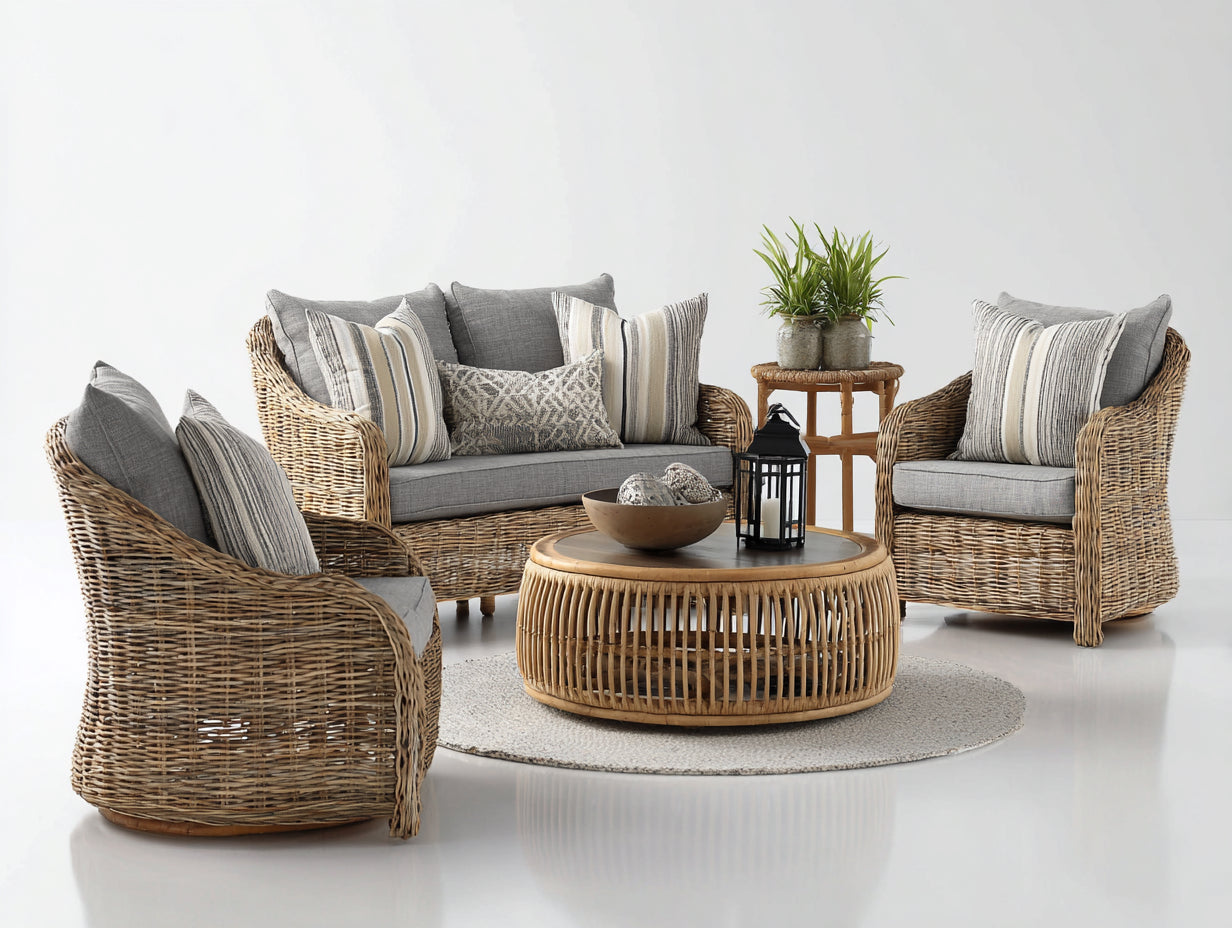 Sofás de exterior 180x85x85 cm con 2 sillones y 2 mesas - ratán sintético marrón y tapizado gris - diseño bohemio