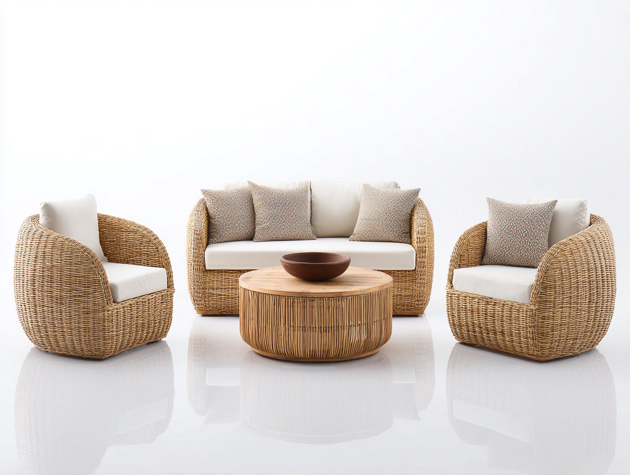 Sofás de exterior de ratán sintético 198 x 88 x 77 cm - Marrón natural y blanco - Conjunto de 4 piezas con mesa redonda