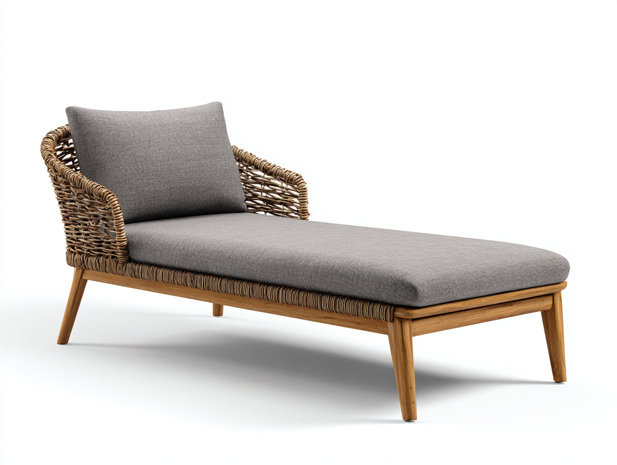 Tumbona de exterior de ratán sintético y madera 200 x 78 x 80 cm - marrón natural y gris - diseño con reposabrazos