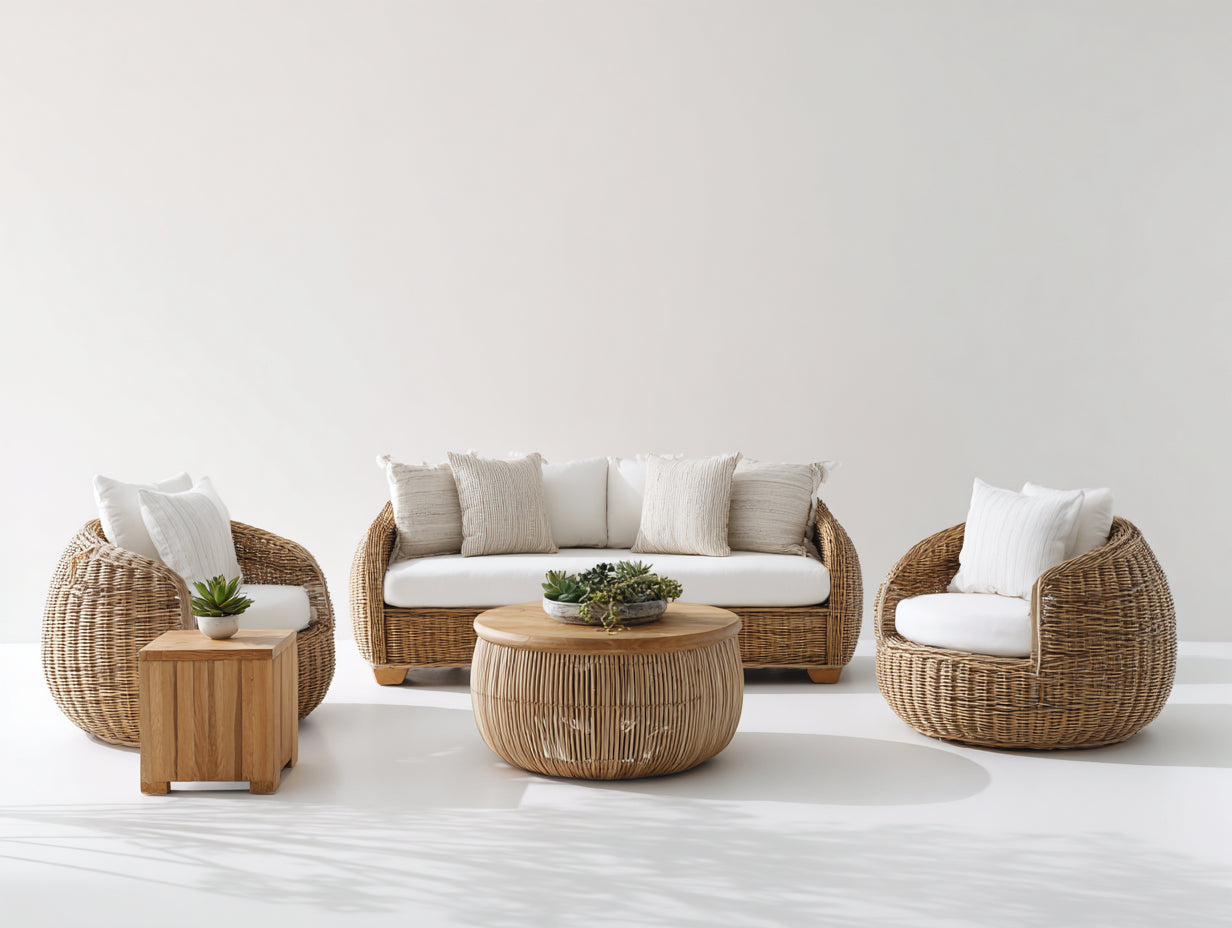 Sofás de exterior de ratán sintético 210 x 90 x 78 cm - Marrón natural y blanco - Conjunto de 5 piezas con mesas