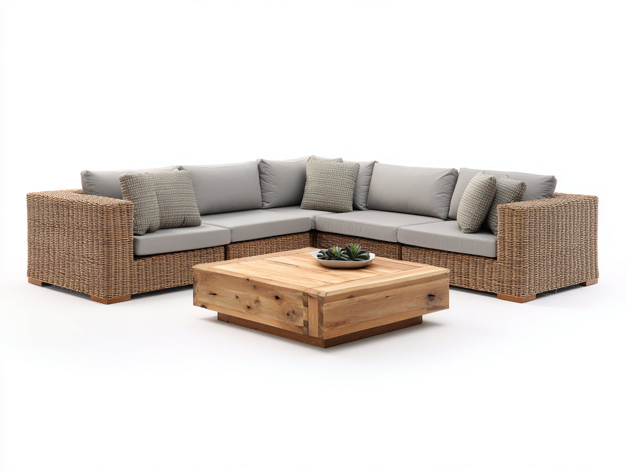 Sofá de exterior modular 300x200x75 cm color gris con estructura de ratán sintético y mesa de centro de madera diseño moderno