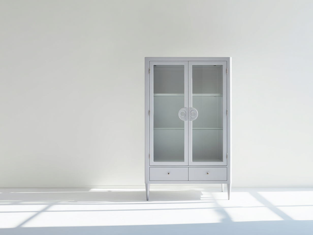 Vitrinas de madera y vidrio 90x40x170 cm - Gris claro - 2 puertas y 2 cajones