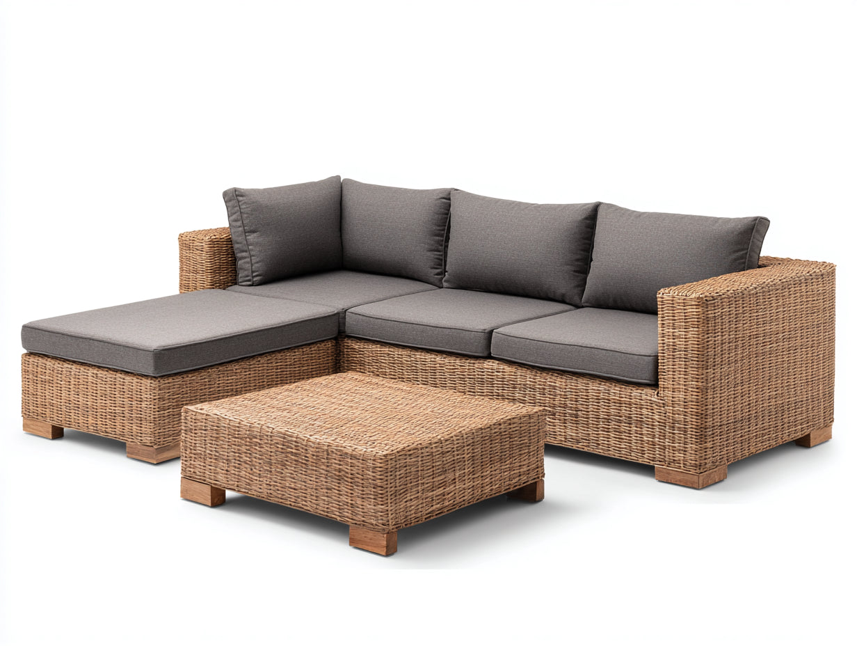 Conjunto de sofás de exterior de ratán sintético 280 x 190 x 75 cm - marrón natural y gris antracita - con chaise longue y mesa baja