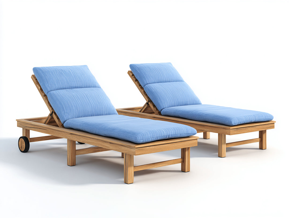 Tumbonas de exterior de madera con superficie acolchada azul claro 200x75x92 cm conjunto de 2 piezas con respaldo reclinable y ruedas para jardín y terraza
