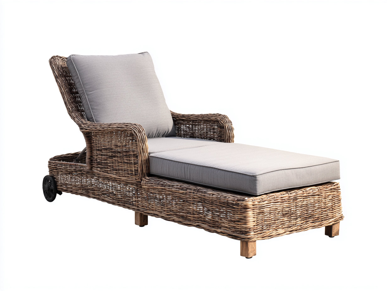 Tumbonas de ratán sintético 202 x 77 x 94 cm - Marrón oscuro y gris claro - Con ruedas traseras y respaldo inclinado