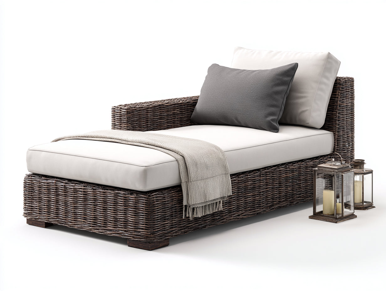 Tumbonas de exterior 195x90x80 cm de ratán sintético marrón con superficie acolchada blanca y respaldo alto diseño moderno