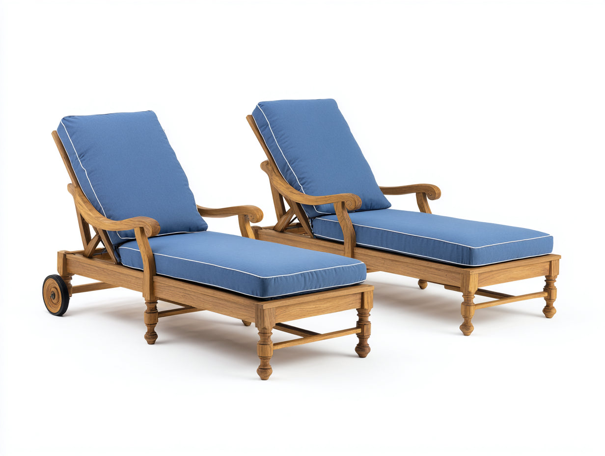 Tumbonas de exterior 200x75x98 cm de madera marrón con tapizado azul respaldo reclinable reposabrazos y ruedas diseño clásico