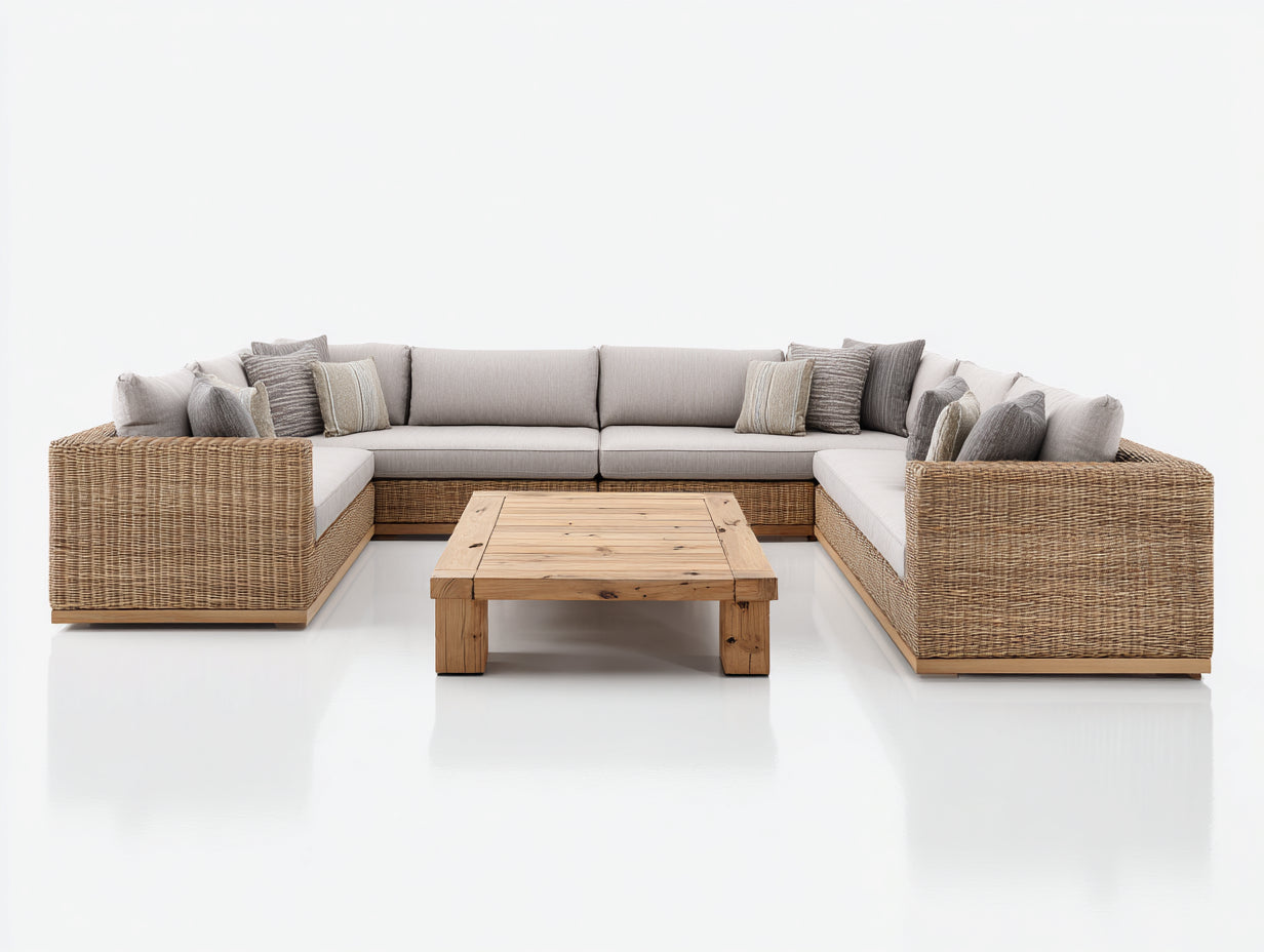 Sofás de exterior de ratán sintético 320x220x75 cm - Beige y madera natural - Conjunto modular en U con mesa