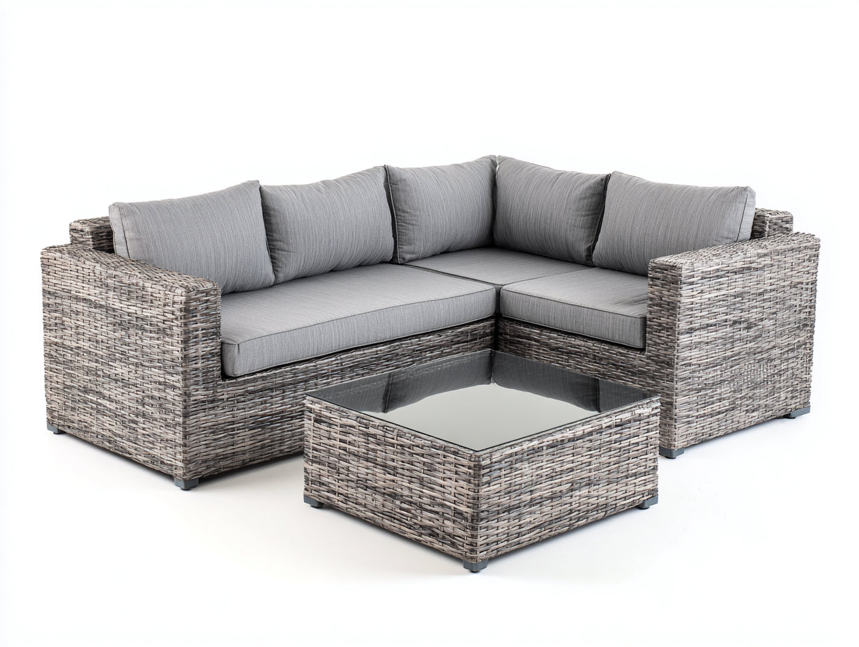 Sofás de exterior de ratán sintético gris con mesa de centro 230x230x75 cm diseño esquinero para jardín y terraza