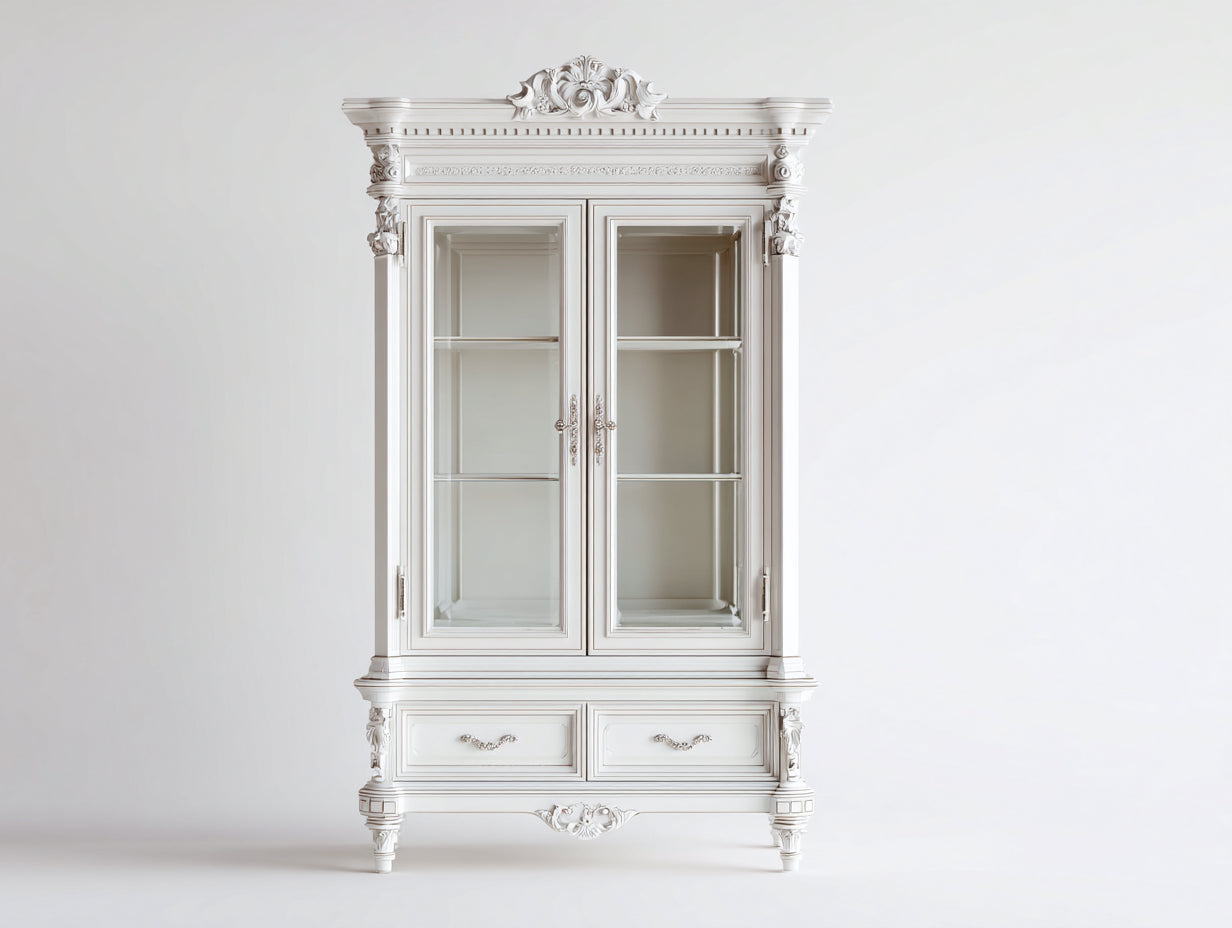 Vitrinas de madera manufacturada y vidrio 108 x 45 x 210 cm - Blanco marfil - 2 puertas y 2 cajones con diseño barroco