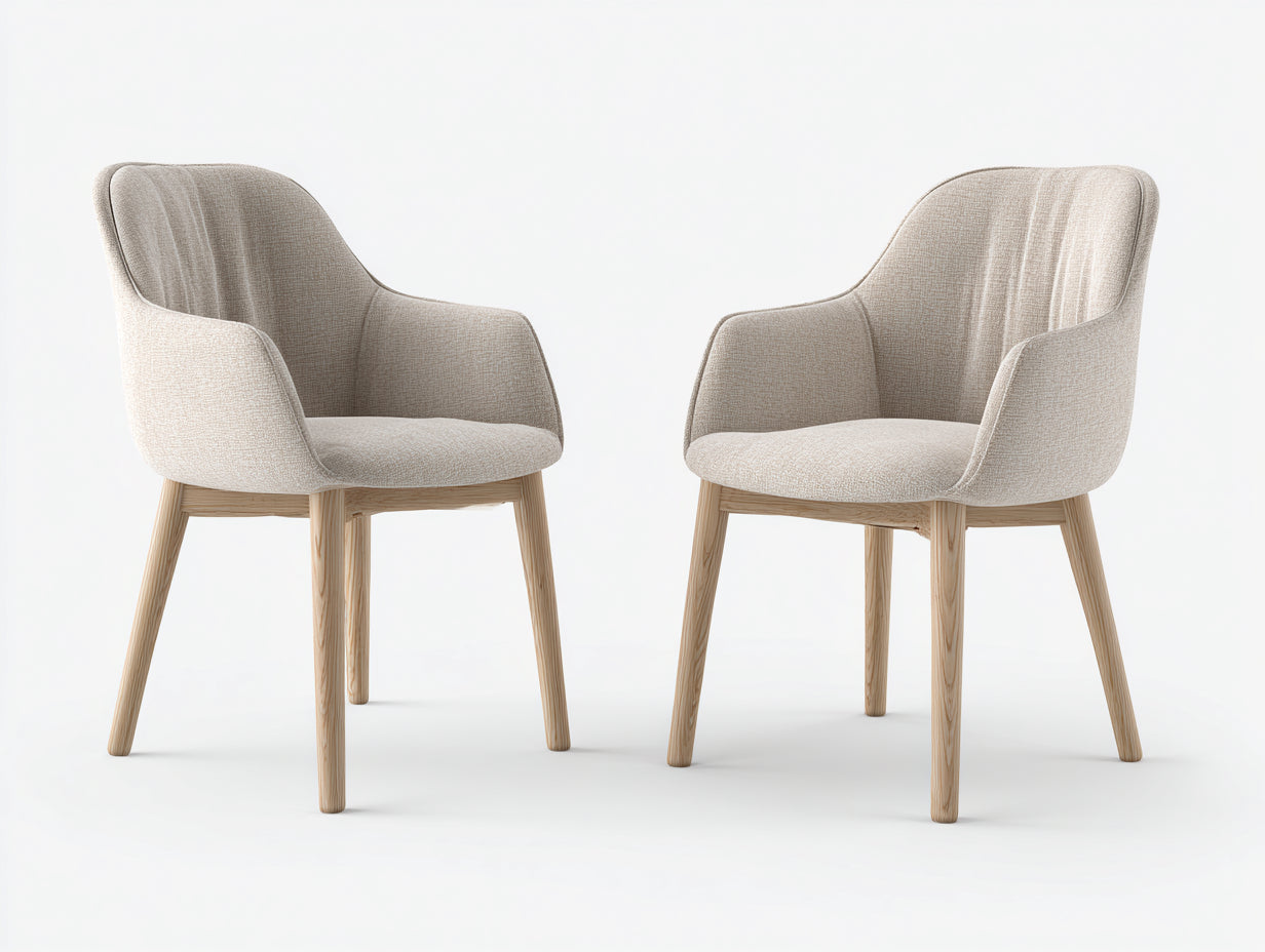 Sillas de comedor de tela 60 x 58 x 84 cm - Beige y madera natural - Juego de 2 con reposabrazos y diseño moderno