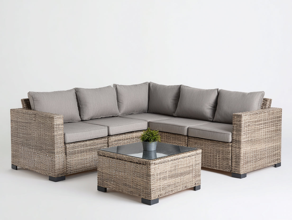 Sofás de exterior de ratán sintético 238 x 238 x 73 cm - Beige grisáceo y gris topo - Conjunto esquinero con mesa de vidrio