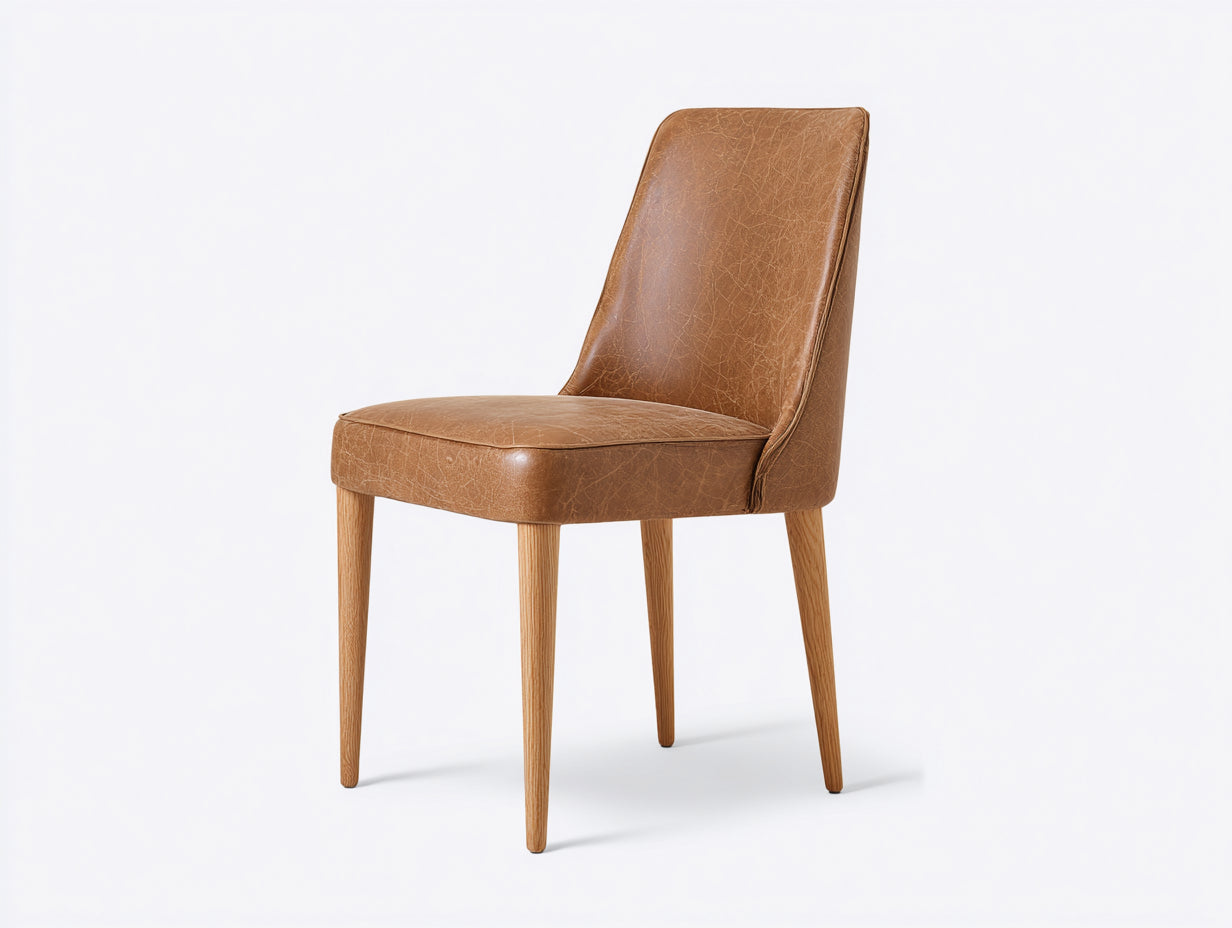 Silla de comedor tapizada efecto cuero 49 x 57 x 88 cm - marrón coñac - patas de madera y respaldo alto