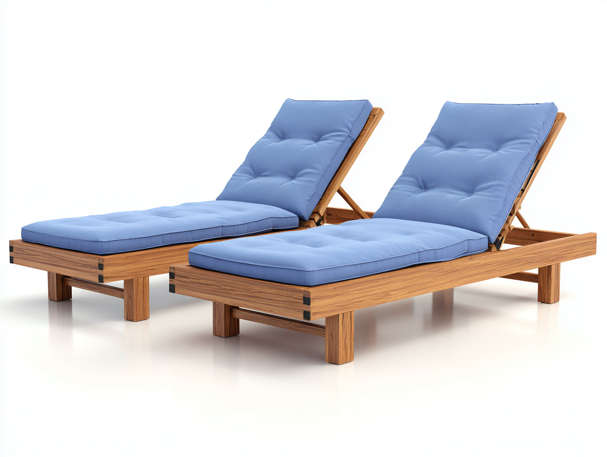 Tumbonas de madera 200x70x85 cm - Azul y madera natural - Juego de 2 con respaldo reclinable