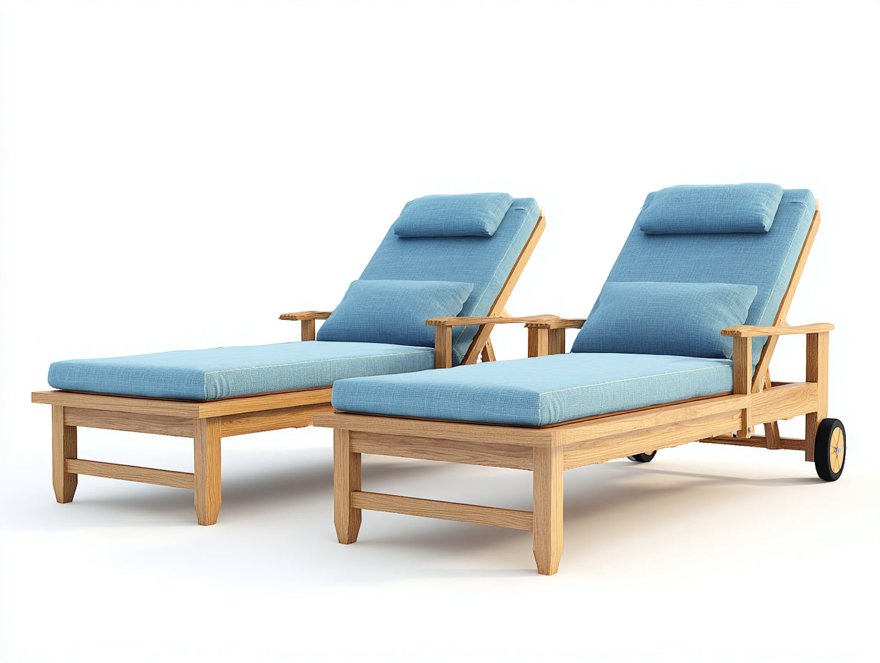 Juego de 2 tumbonas de exterior de madera 205 x 78 x 100 cm - azul claro y madera natural - respaldo reclinable con ruedas