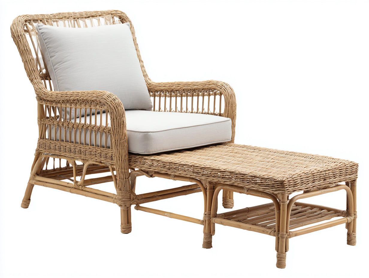 Tumbonas de ratán natural 170 x 80 x 98 cm - Natural y blanco - Con reposapiés independiente y diseño clásico