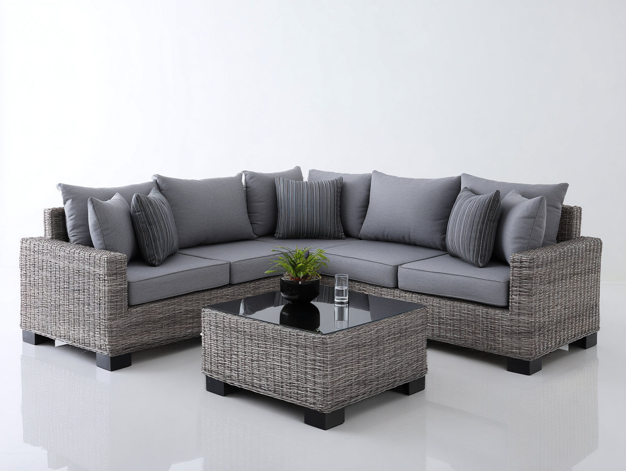 Sofás de exterior de ratán sintético 235x235x75 cm - Gris - Conjunto esquinero con mesa de vidrio