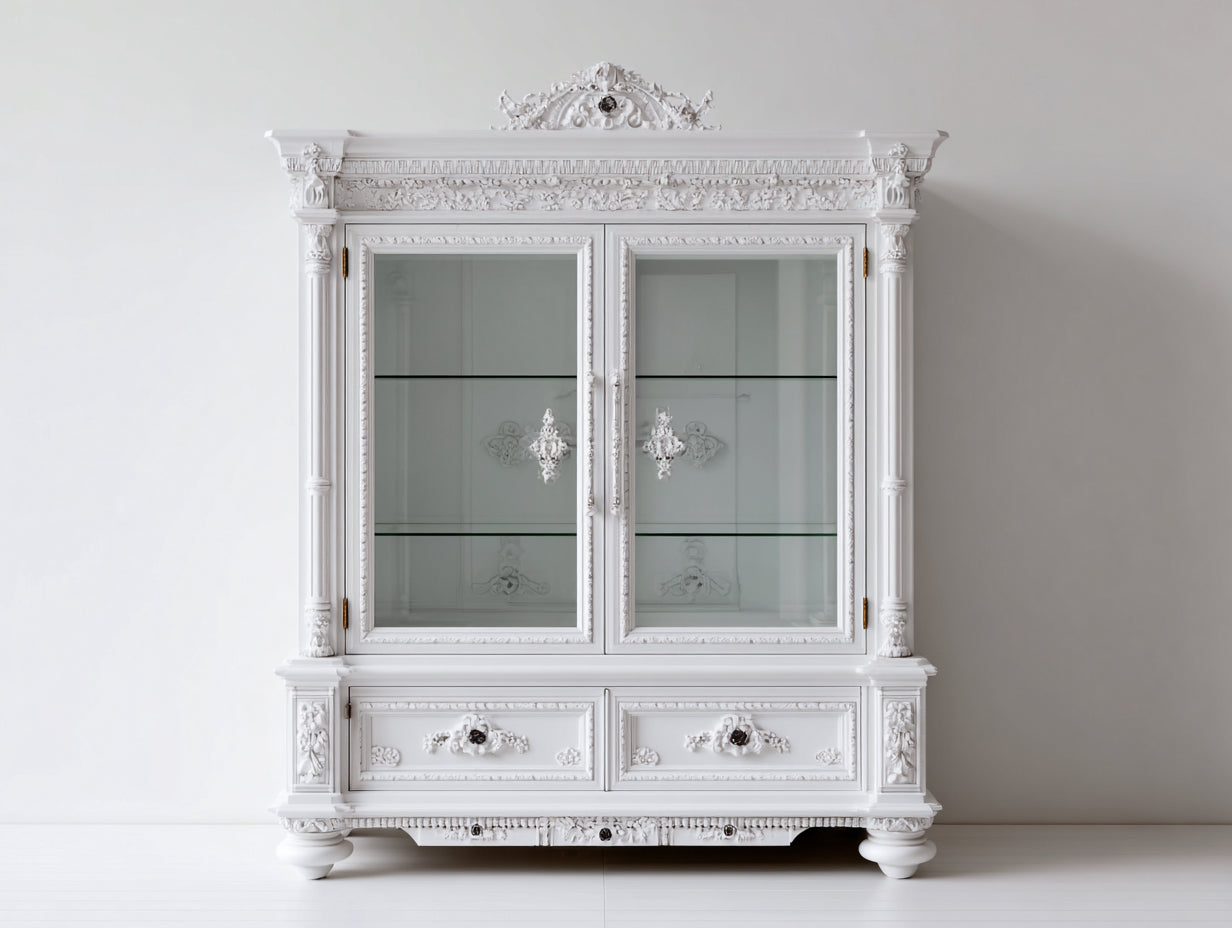 Vitrina de vidrio 150x40x200 cm color blanco con 2 puertas y 2 cajones diseño clásico elegante